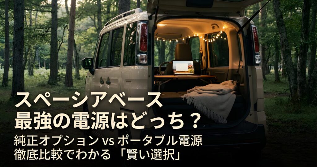 スペーシアベースの純正外部電源ユニットとポータブル電源のどちらがおすすめかを比較するタイトルスライド