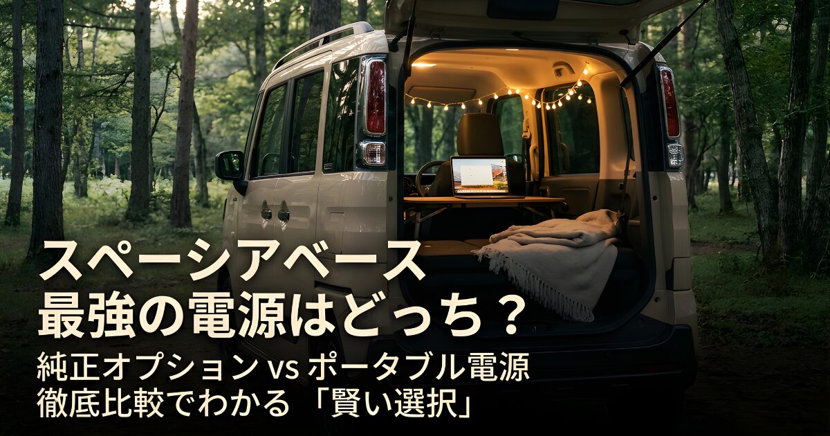 スペーシアベースの純正外部電源ユニットとポータブル電源のどちらがおすすめかを比較するタイトルスライド