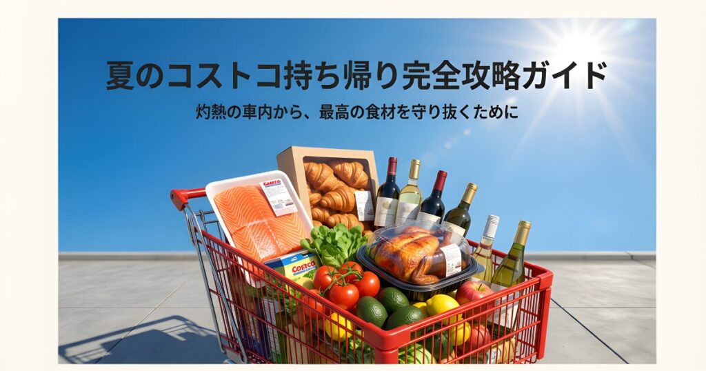 青空の下、コストコのショッピングカートに積まれたサーモン、ロティサリーチキン、パン、ワインなどの大量の食材。