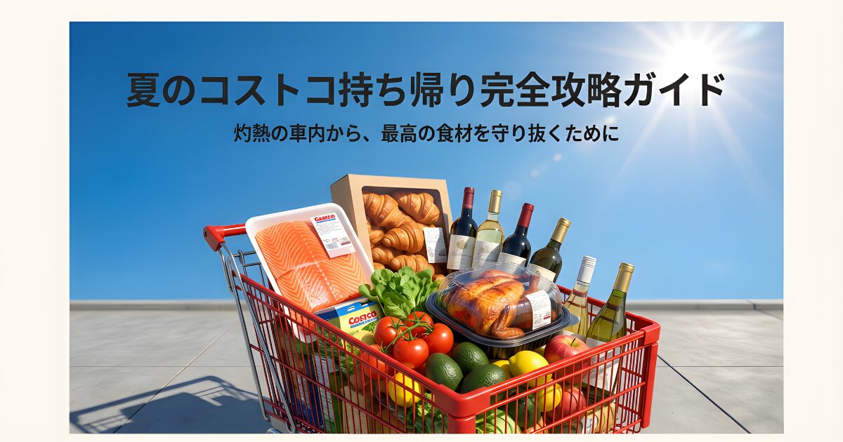 青空の下、コストコのショッピングカートに積まれたサーモン、ロティサリーチキン、パン、ワインなどの大量の食材。
