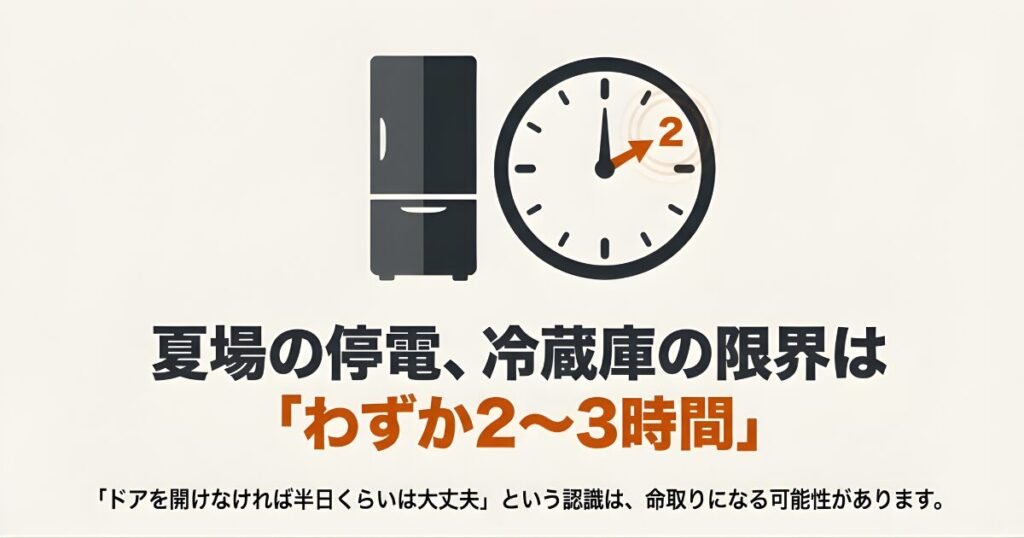 夏場の停電時、冷蔵庫の保冷限界はわずか2時間から3時間であることを示す図解