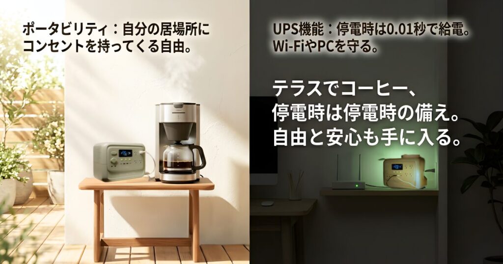 自分の居場所にコンセントを持ってくる自由と、停電時にPCやWi-Fiを守るUPS機能の解説