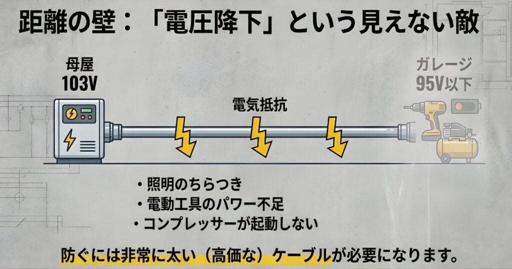 母屋からガレージへの距離による電圧降下の仕組みと電気抵抗の影響を示す図