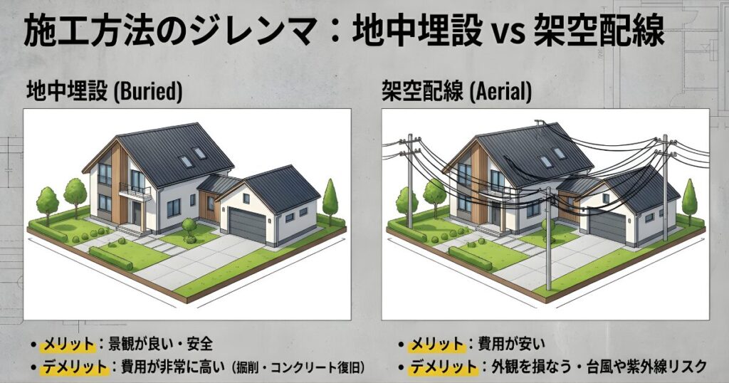 ガレージへの電源引き込みにおける地中埋設と架空配線の施工イメージ比較イラスト