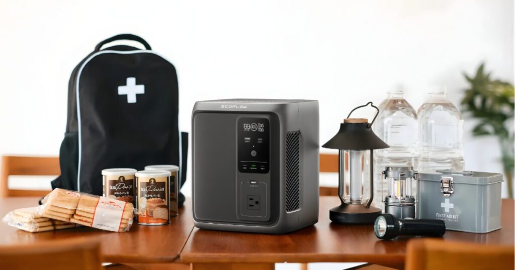 DELTA 3 1000 Airど防災グッズをテーブルに並べている画像