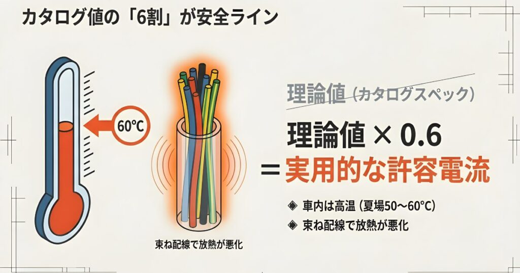 温度計のイラストとともに、車内の高温環境や束ね配線を考慮し、許容電流をカタログ値の60%に抑えるべきであることを示す図解。