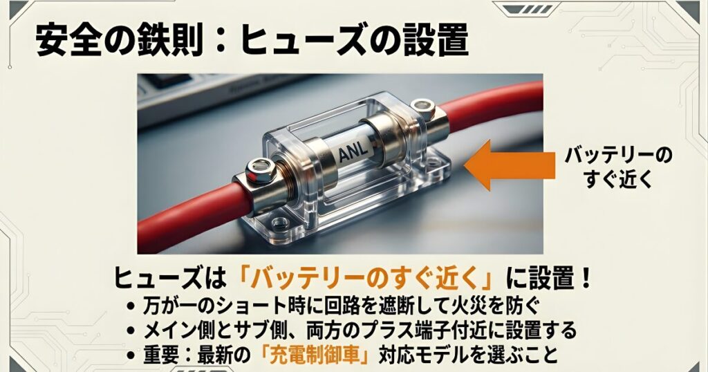ヒューズをバッテリーのすぐ近くに設置し、万が一のショート時に回路を遮断して火災を防ぐ重要性の説明 。