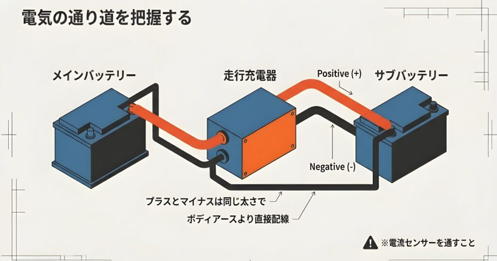 メインバッテリー、走行充電器、サブバッテリーを繋ぐプラス線とマイナス線の詳細な接続図。電流センサーを通す際の注意書きが含まれている。