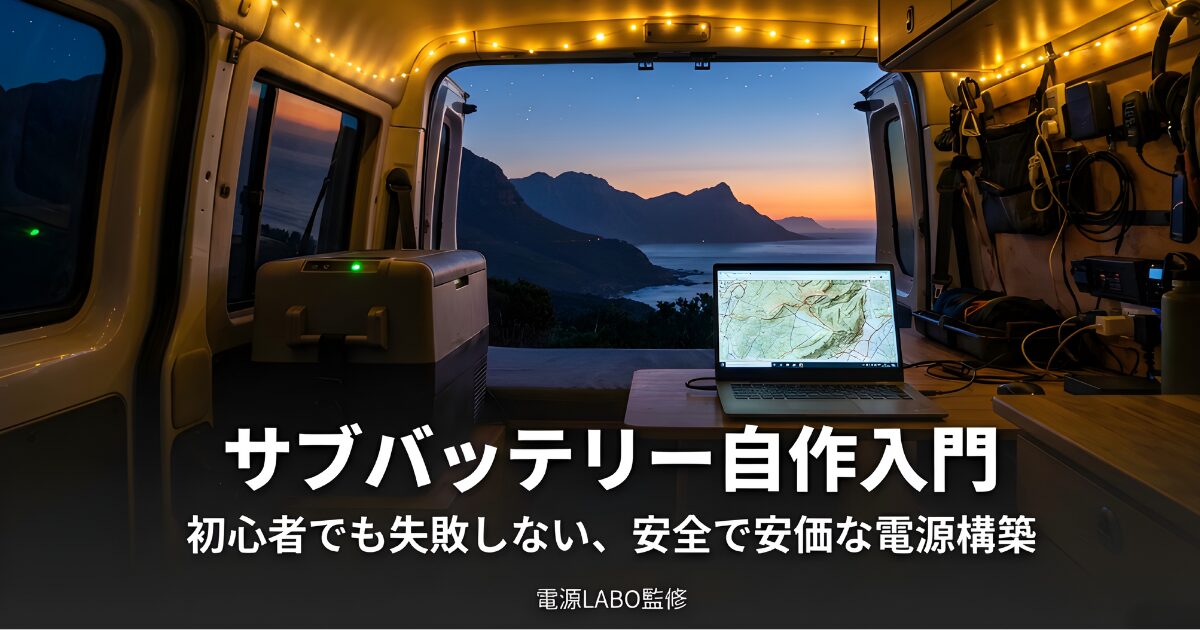 初心者でも失敗しない、安全で安価な電源構築「サブバッテリー自作入門」の表紙スライド。バッテリーと走行充電器、インバーターが配線されたイラスト 。