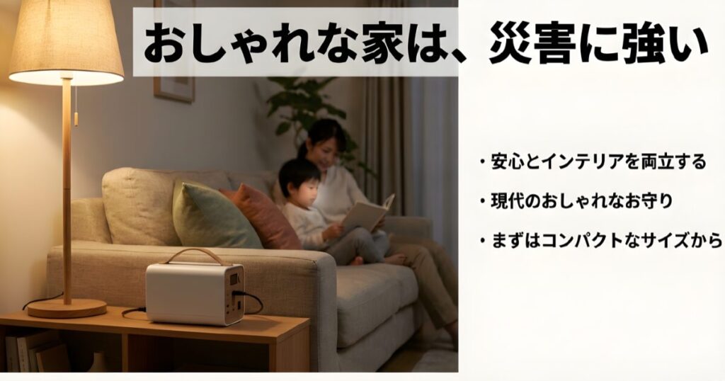 夜のリビングで、ポータブル電源の明かりを使いながらソファで読書を楽しむ親子。安心とインテリアが両立している様子。