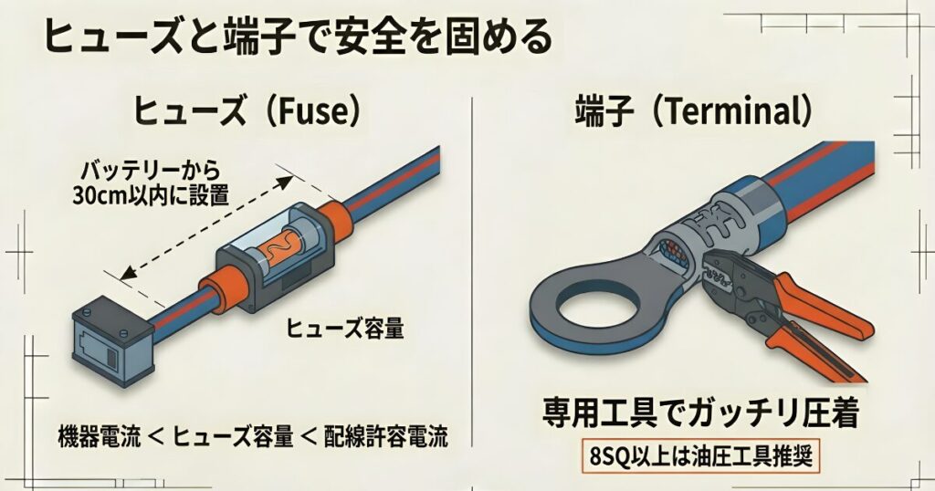 バッテリーから30cm以内にヒューズを設置する図と、専用工具で端子を圧着するイラスト。機器電流・ヒューズ容量・配線許容電流の大小関係も示されている。