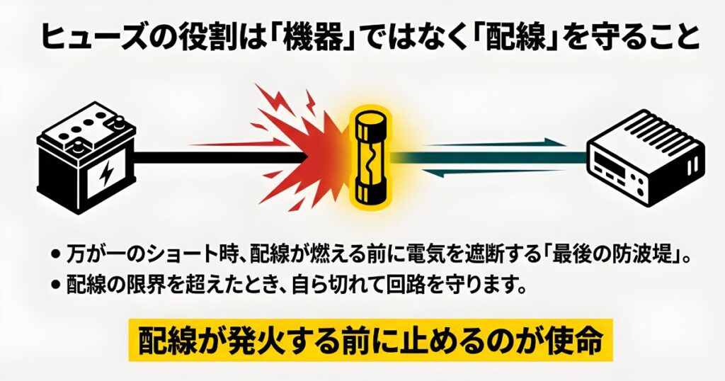 バッテリーと機器の間の配線にヒューズを設置し、ショート時にヒューズが切れることで配線の発火を防ぐ仕組みのイラスト。