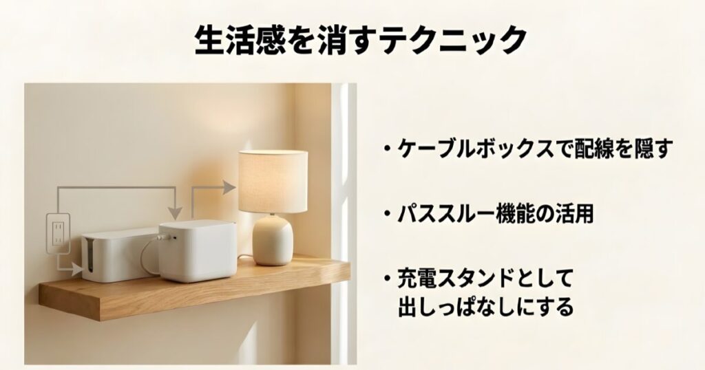 ケーブルボックスで配線を隠し、パススルー機能を活用して充電スタンドとしてポータブル電源を出しっぱなしにするテクニック。