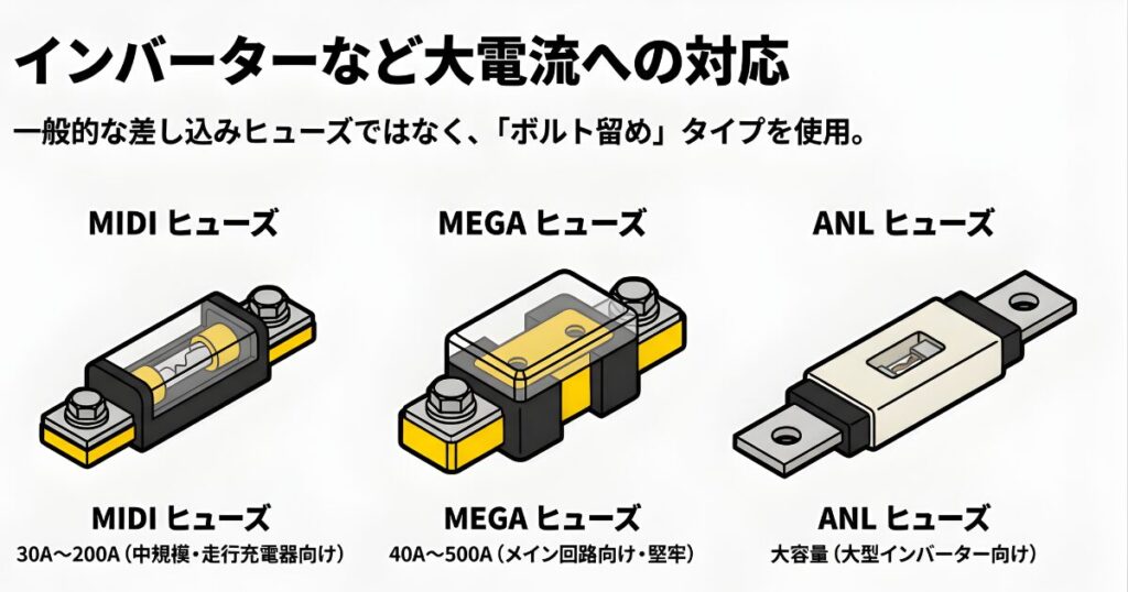 MIDIヒューズ、MEGAヒューズ、ANLヒューズの3種類の外観比較と、それぞれの対応電流（30A〜500A）の目安。