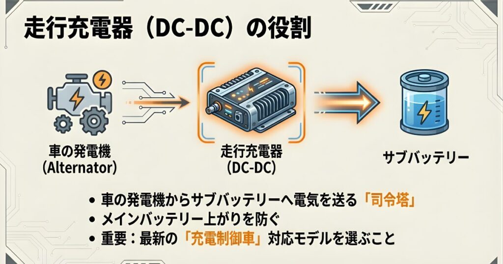 車の発電機から走行充電器を通ってサブバッテリーへ充電される仕組みと、メインバッテリー上がりを防ぐ役割の解説図 。