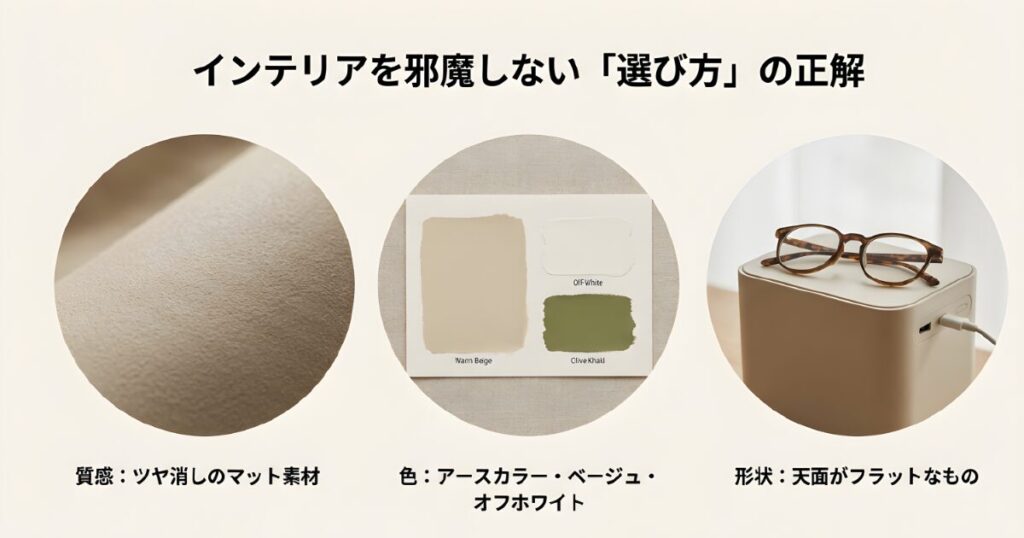 ポータブル電源の選び方のポイント。マットな質感、アースカラー、天面がフラットでメガネなどが置ける形状の紹介。