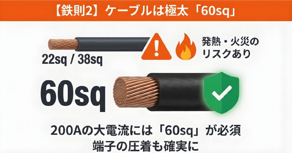 インバーター配線における発熱・火災リスクを防ぐための60sqケーブル推奨図。22sqや38sqは容量不足であることの警告