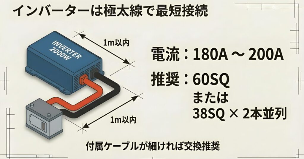 2000Wインバーターとバッテリーを1m以内の極太線（60SQ等）で接続することを推奨するイラスト。