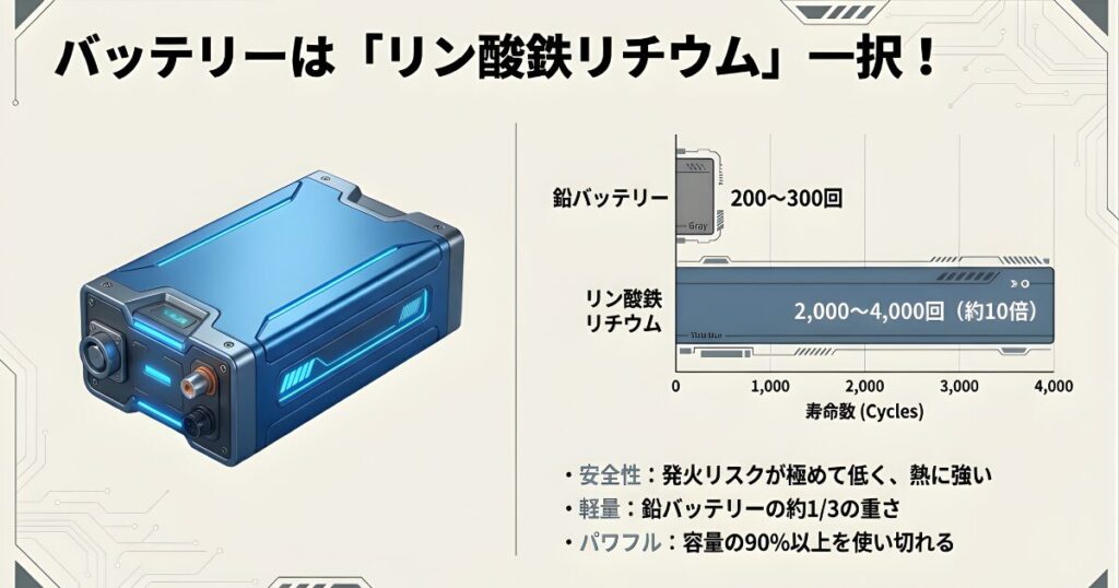 鉛バッテリー(200〜300回)とリン酸鉄リチウム(2,000〜4,000回)の寿命サイクル数を比較したグラフ 。