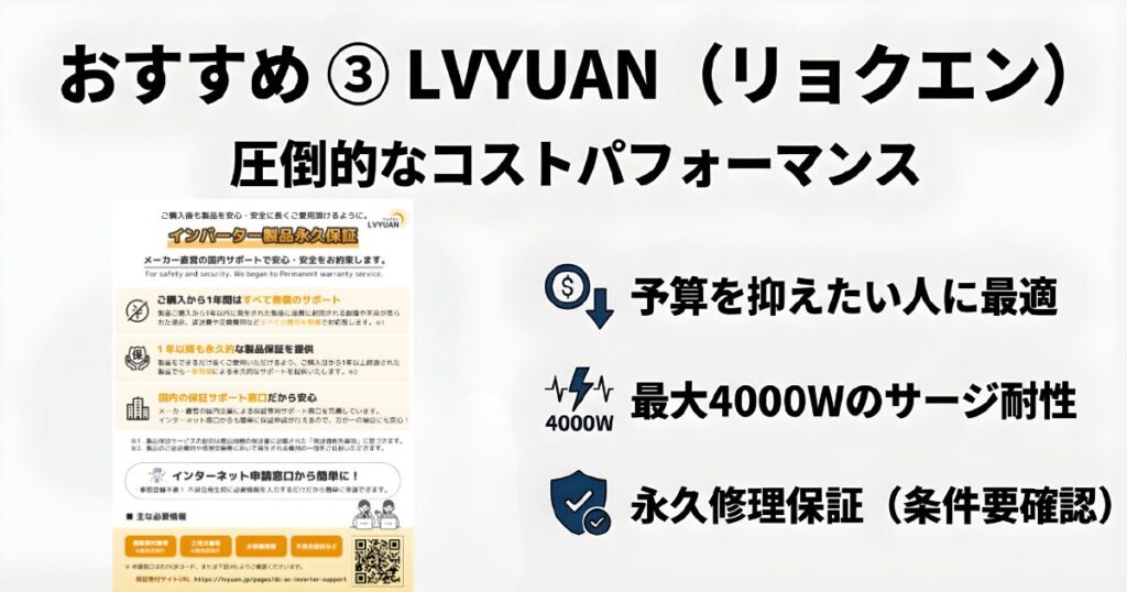 LVYUAN製インバーターの高いコストパフォーマンス、最大4000Wのサージ耐性、永久修理保証の案内