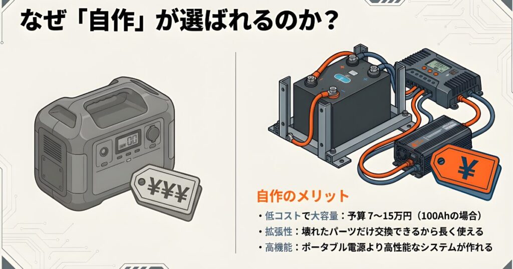 なぜ自作が選ばれるのか、低コスト・拡張性・高機能の3つのメリットを解説した画像 。