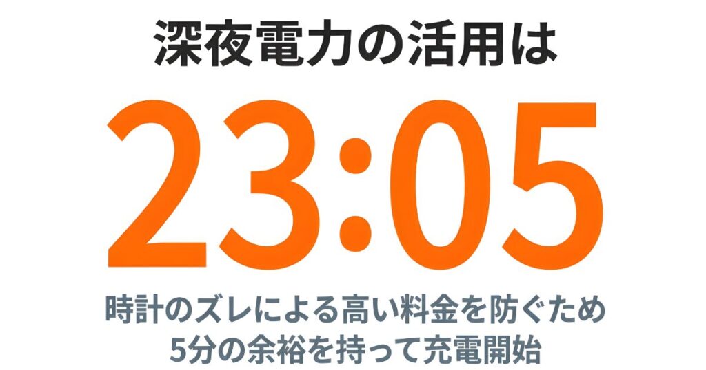 深夜電力活用の際、時計のズレによる高い料金を防ぐため5分の余裕を持って23:05に充電開始することを推奨するスライド。