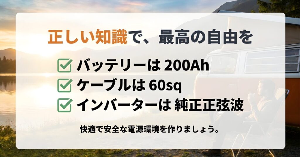 バッテリー200Ah、ケーブル60sq、純正正弦波インバーターの選択という安全な導入のためのまとめ図