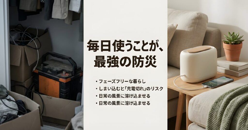 日常の風景に溶け込ませて毎日使うことで、充電切れを防ぎ防災力を高めるフェーズフリーの考え方。