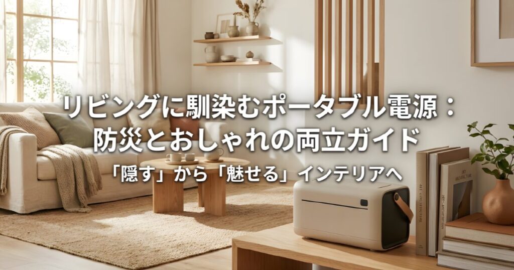 リビングのインテリアに溶け込むおしゃれなポータブル電源と、防災・インテリアを両立させるガイドの表紙。