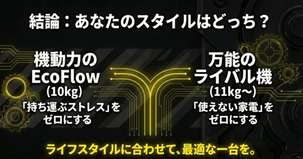 機動力のEcoFlowか万能のライバル機か、自分のライフスタイルに合わせた選び方のまとめスライド