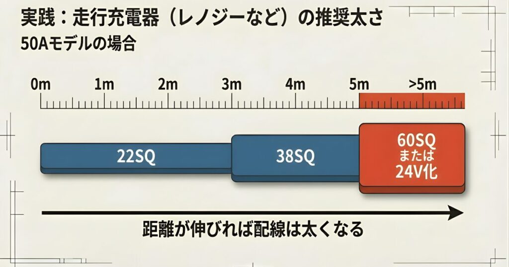 配線の距離が伸びるにつれて、22SQから38SQ、60SQへと必要な太さが増していくことを示すグラフ形式の図解。