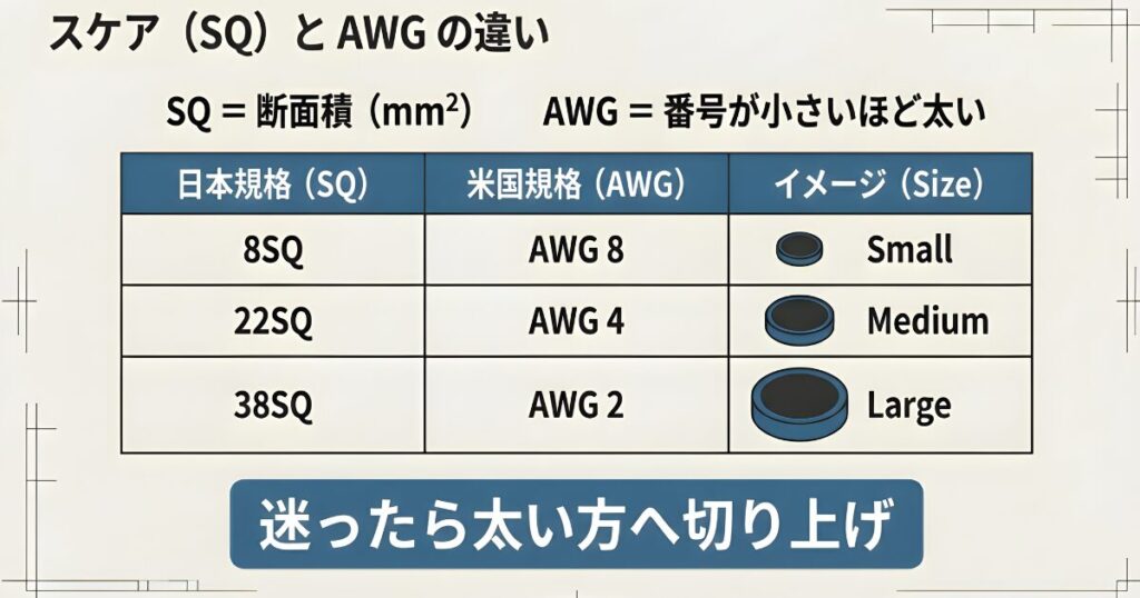 8SQ、22SQ、38SQとそれぞれのAWG番号（8、4、2）の対応、およびサイズイメージを比較した表。