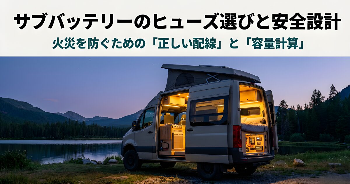 キャンプや車中泊で活用される、サブバッテリーシステムを搭載したキャンピングカーのイメージ画像。