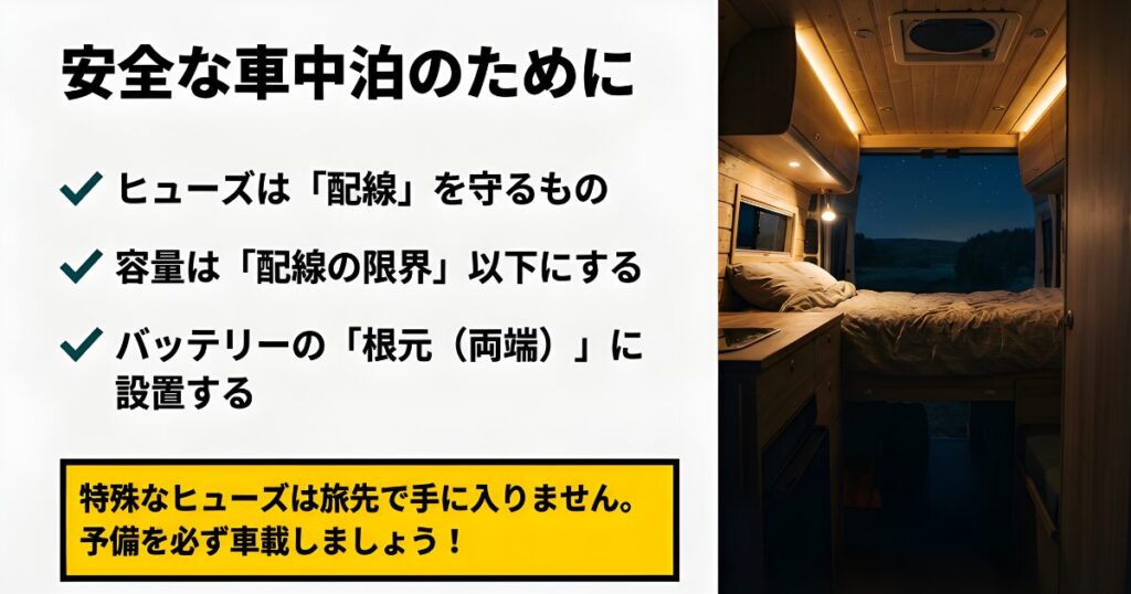 ヒューズは配線を守るものであること、容量は配線限界以下にすること、バッテリーの両端に設置することの3大重要ポイント。