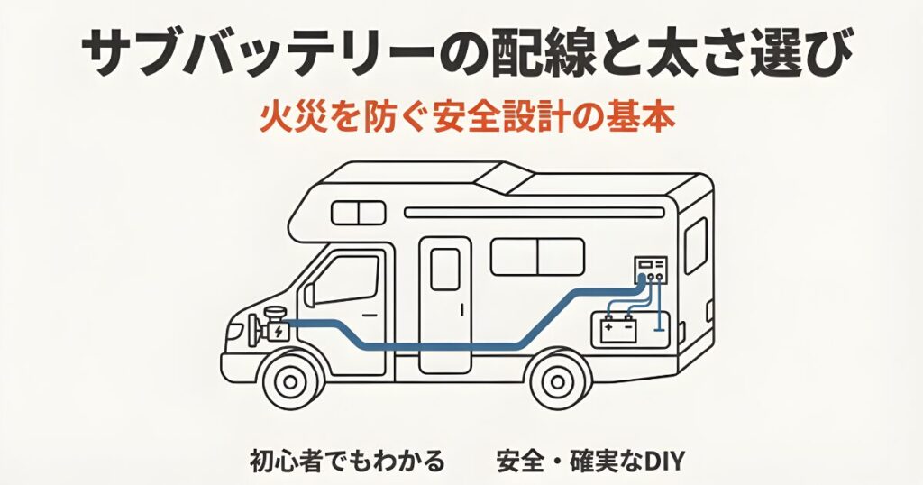キャンピングカー内でのメインバッテリー、走行充電器、サブバッテリーの配置と配線の流れを示すイラスト。