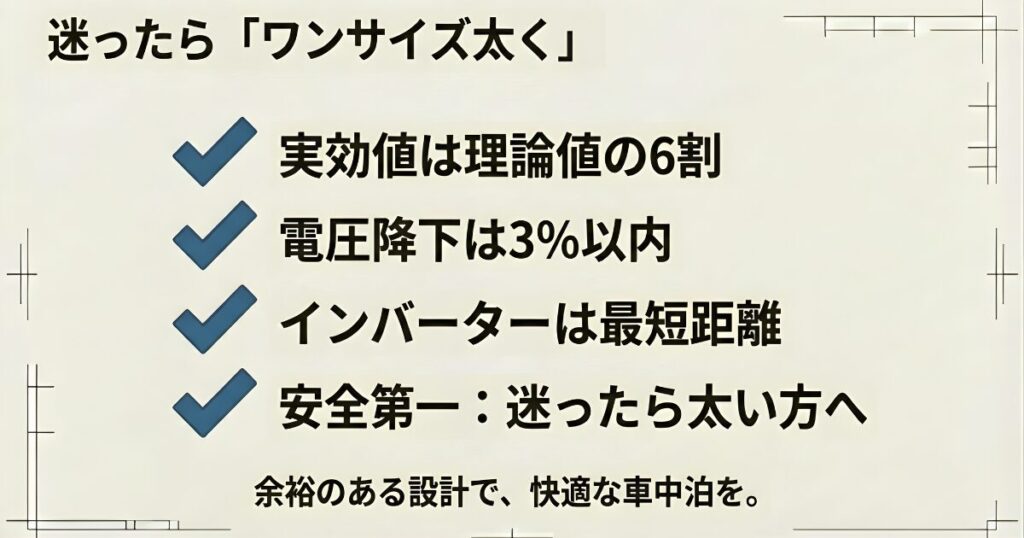 「迷ったらワンサイズ太く」「実効値は理論値の6割」「電圧降下3%以内」など、安全設計のための重要事項をまとめたスライド。
