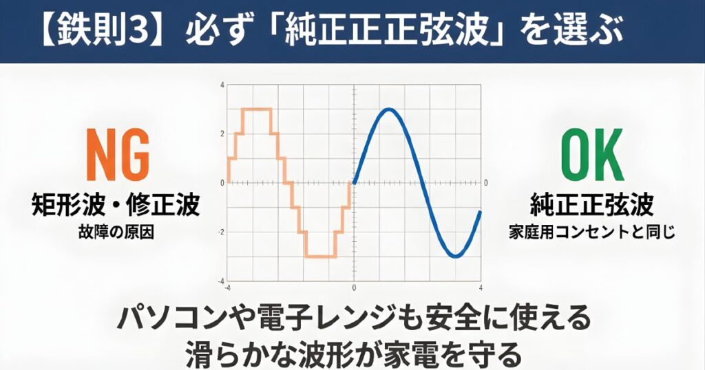 家電を故障から守る滑らかな純正正弦波と、故障の原因となる矩形波・修正波の波形比較図