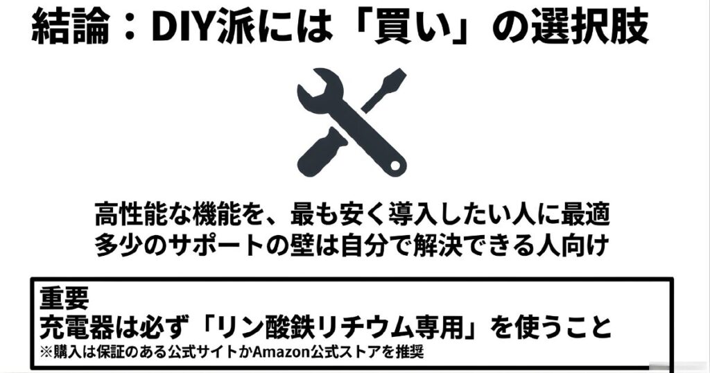 Vatrer PowerはDIY派に最適な選択であるという結論と、充電器は必ずリン酸鉄リチウム専用を使用すること、公式サイト等での購入を推奨する注意書き。