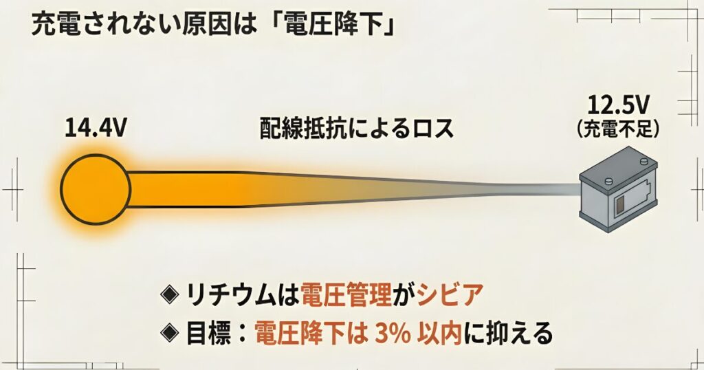 配線抵抗によるロスで14.4Vから12.5Vに電圧が下がり、リチウムバッテリーが充電不足になる様子を示した図。電圧降下を3%以内に抑える目標が記されている。
