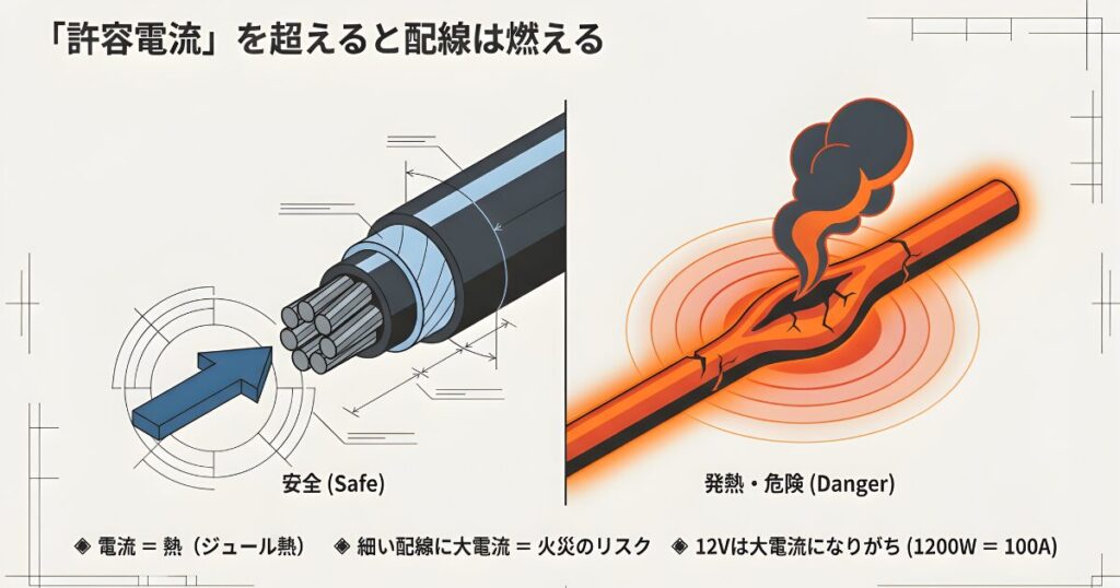 細い配線に大電流を流すとジュール熱により火災のリスクが高まることを説明するイラスト。1200Wで100A流れる例が記載されている。