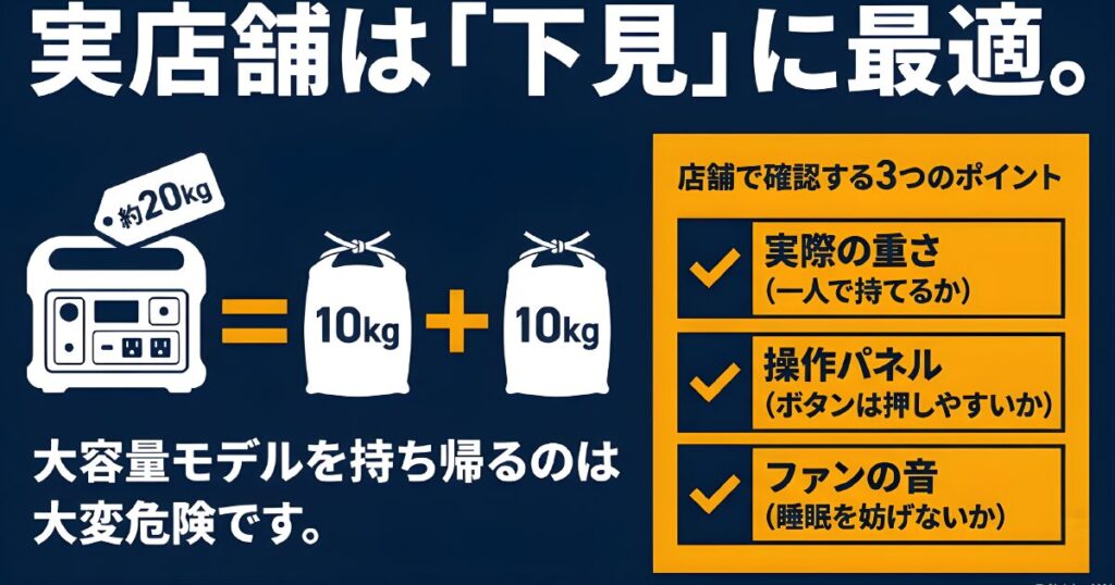 家電量販店など実店舗でポータブル電源を下見する際の3つの確認ポイント